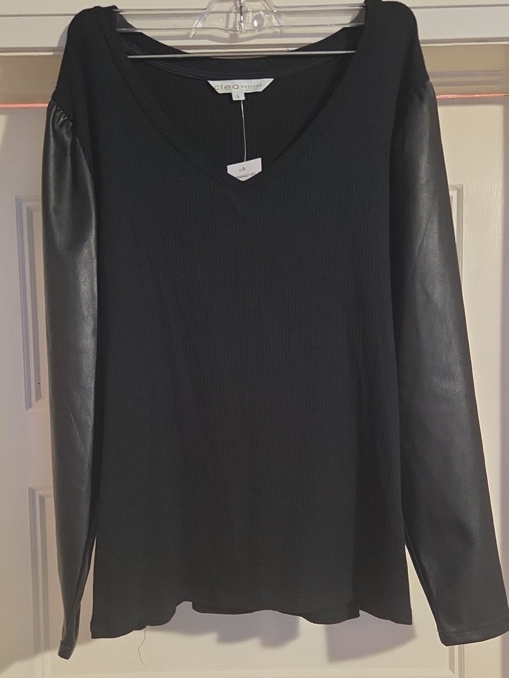 cleo Black V-Neck Long Sleeve Top with Faux Leather Sleeves